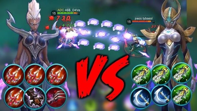 Comparison chart of Tank Karrie vs crit build in Mobile Legends Bang Bang: damage, HP, win rates Season 39