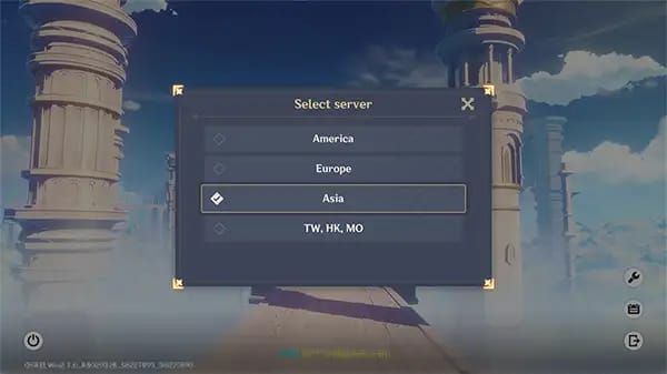 Genshin Impact लॉगिन इंटरफेस सर्वर रीजन सिलेक्शन को हाइलाइट करते हुए