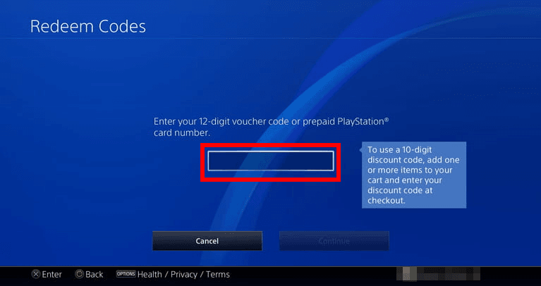 PlayStation Store voucher code redemption input screen