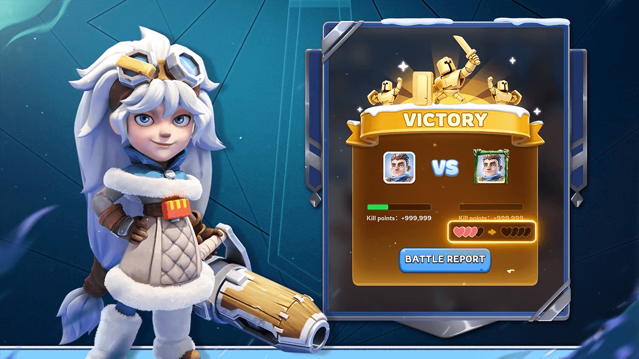 Image tirée de la bande-annonce de Winter Siege montrant un panneau de résultat VICTORY avec un bouton Battle Report