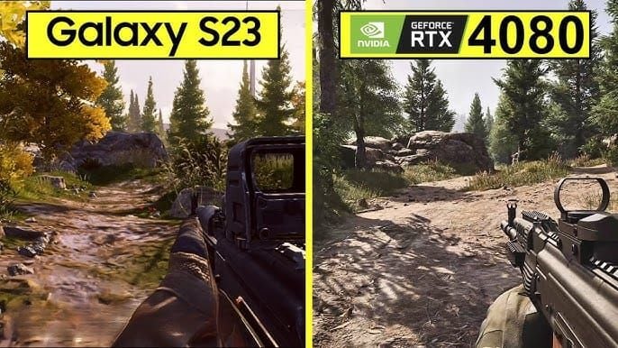 Side-by-side graphics comparison between Arena Breakout PC and mobile versions
