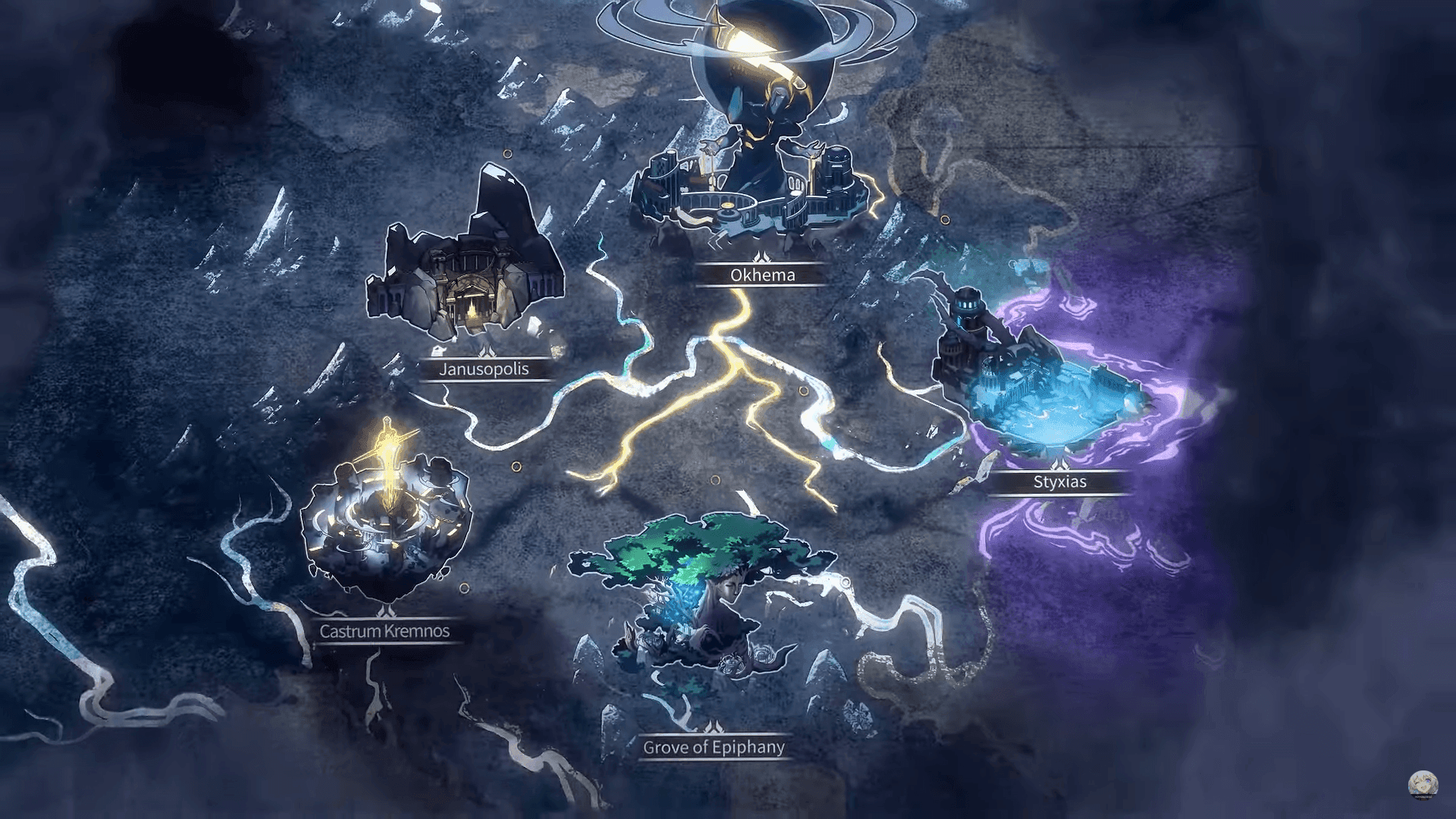 Mapa zón Amphoreus v Honkai: Star Rail v3.7 ukazující Noční můru, Memortis Shore a Za časem