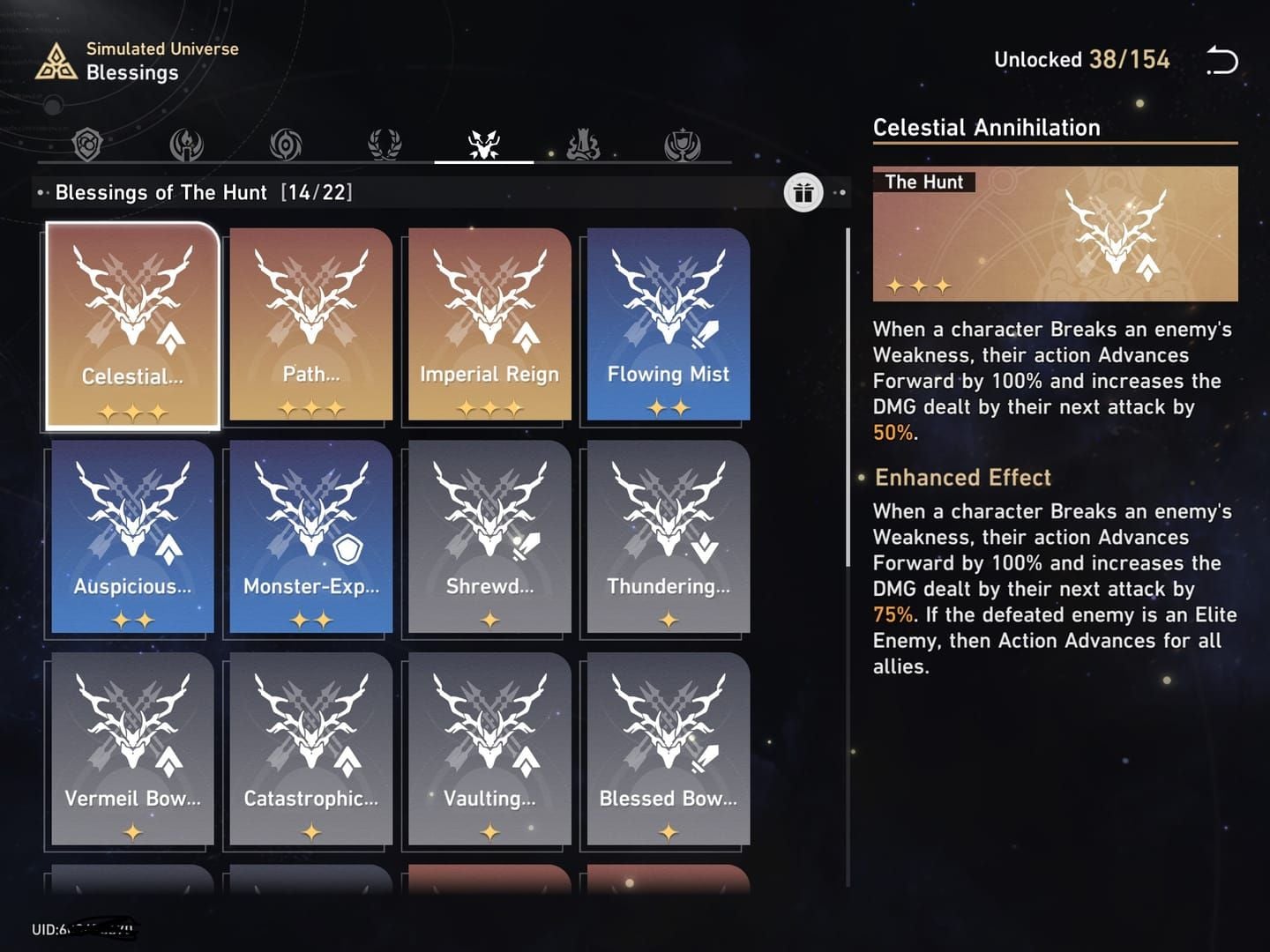 Layar pemilihan berkah jalur Honkai Star Rail Hunt yang menampilkan Imperishable Victory dan berkah Hunt tingkat tinggi lainnya