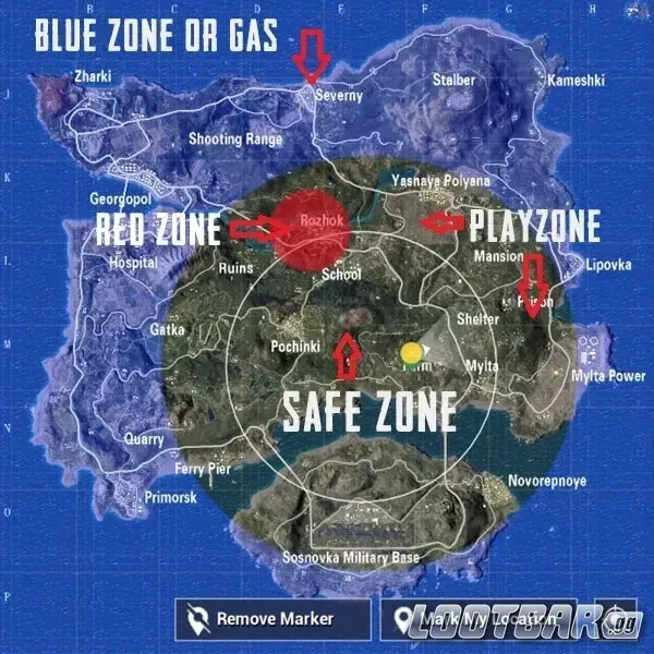 PUBG Mobile tactical positioning guide showing Diamond Edge Strategy with safe zone boundaries and team placement