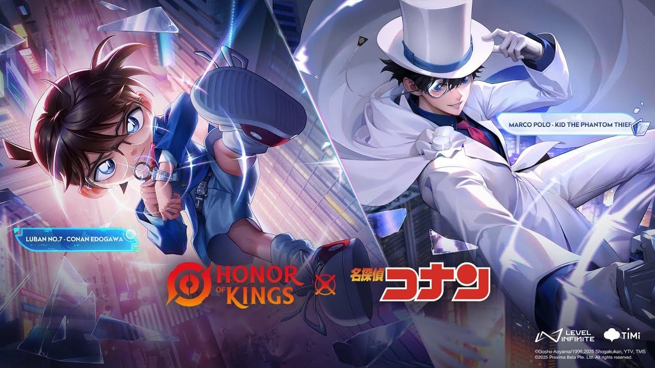 Honor of Kings Detective Conan collaboration character skins featuring Conan Edogawa and Kid the Phantom Thief designs