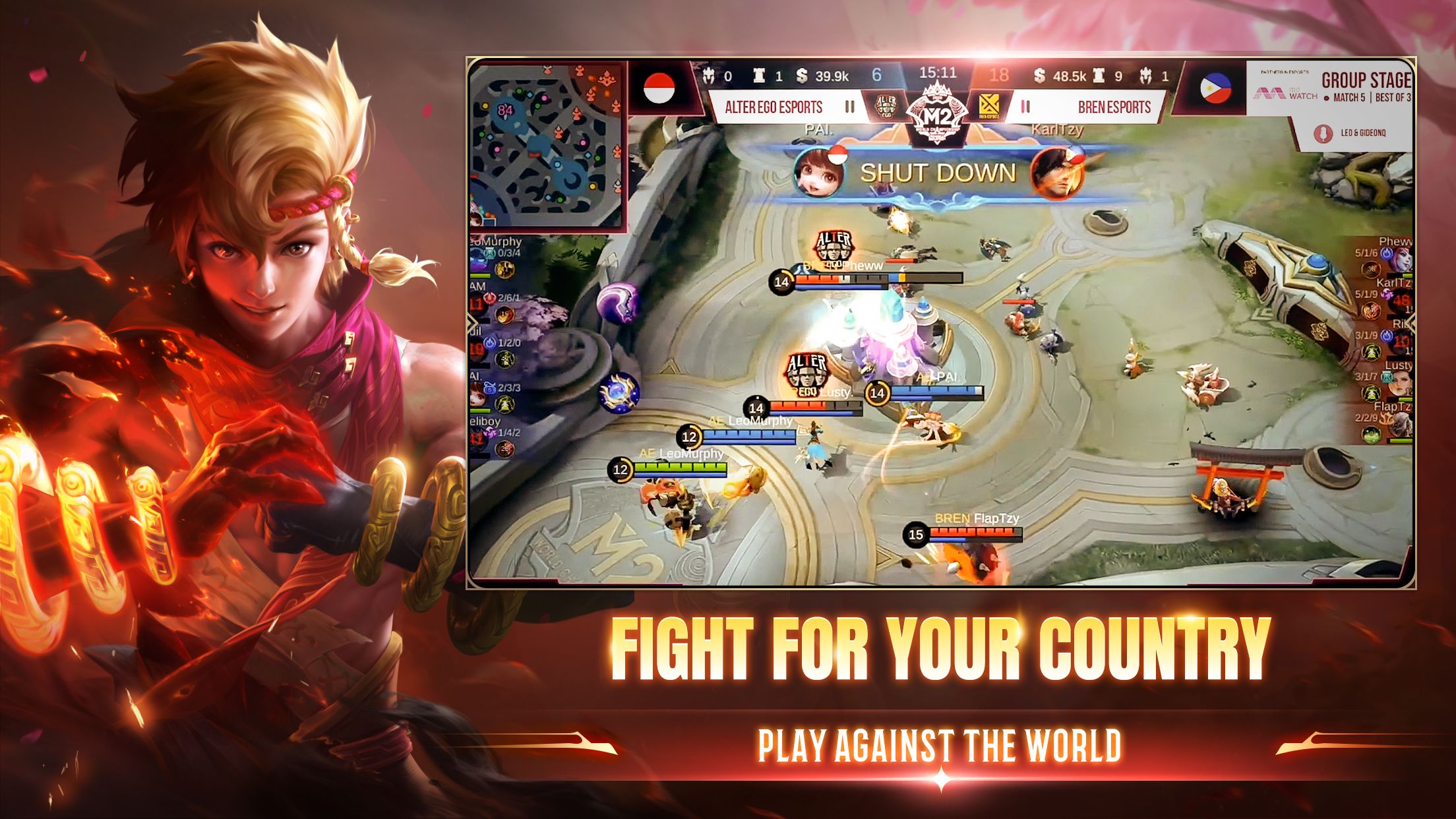 Grafică de esports oficială MLBB World Championship care surprinde o luptă în echipă în timp real