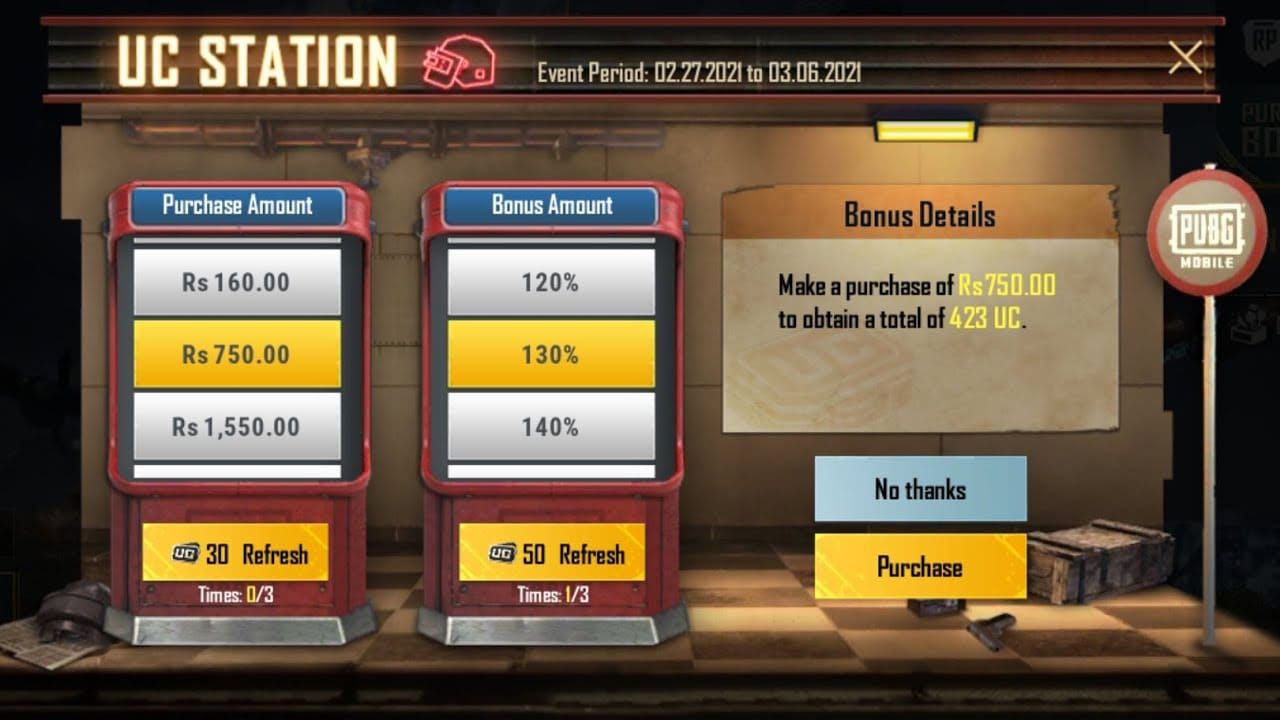 Écran de l'événement PUBG Mobile UC Station avec récompenses bonus