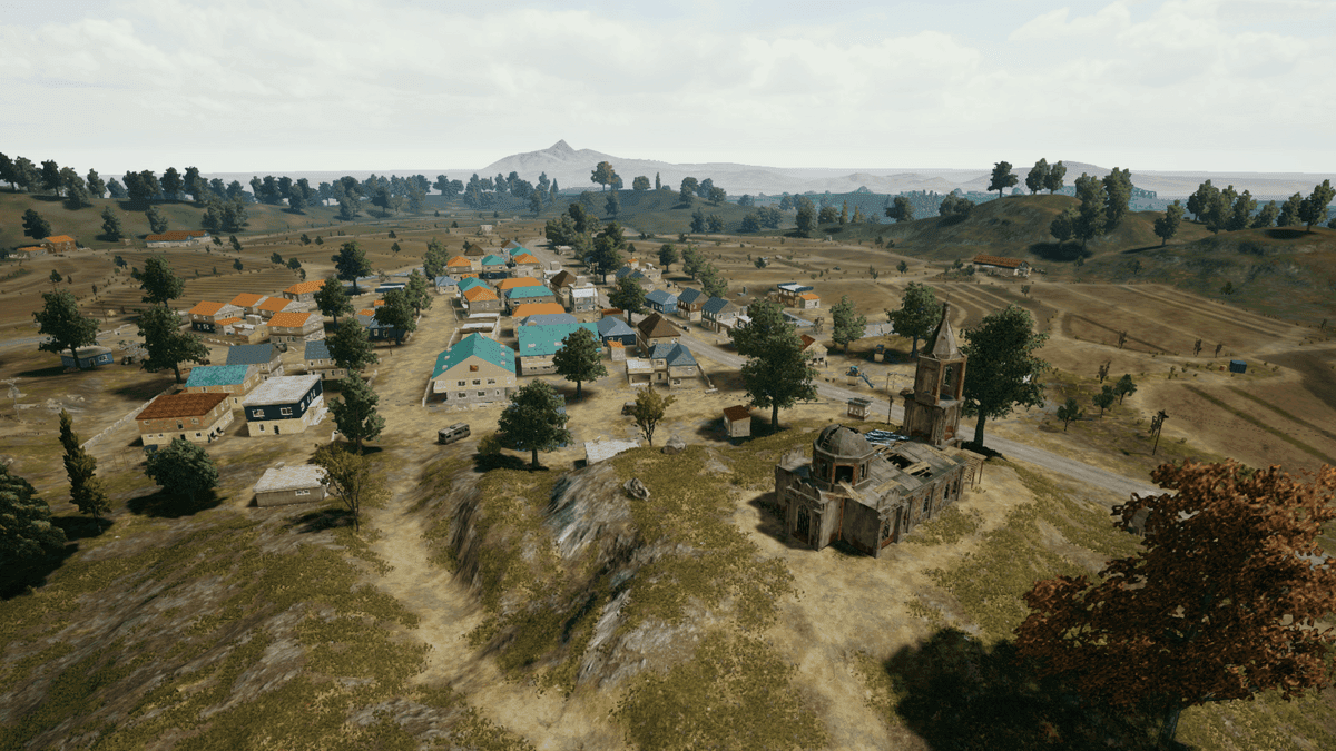 PUBG Mobile Erangel map showing Pochinki hot drop location with building layouts