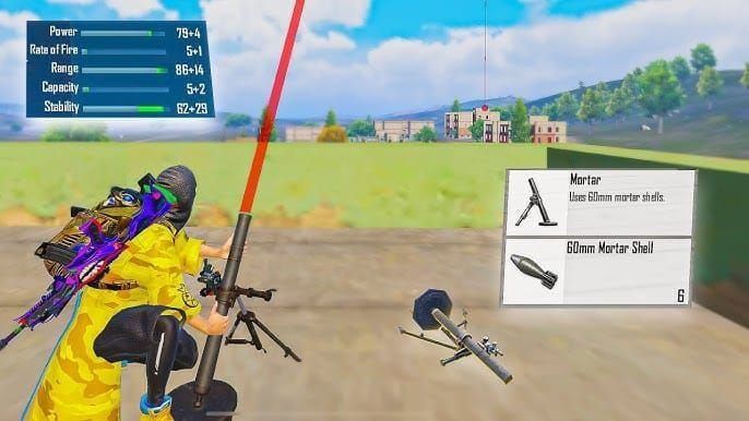 PUBG Mobile 인벤토리 화면에 권총 슬롯에 장착된 박격포 무기가 표시됨