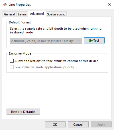 단독 모드 전환 옵션을 보여주는 Windows 소리 속성 창
