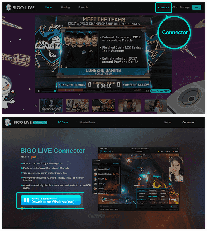 Bigo Liveウェブプラットフォームのインターフェースにデスクトップ機能と支払いオプションが表示されている