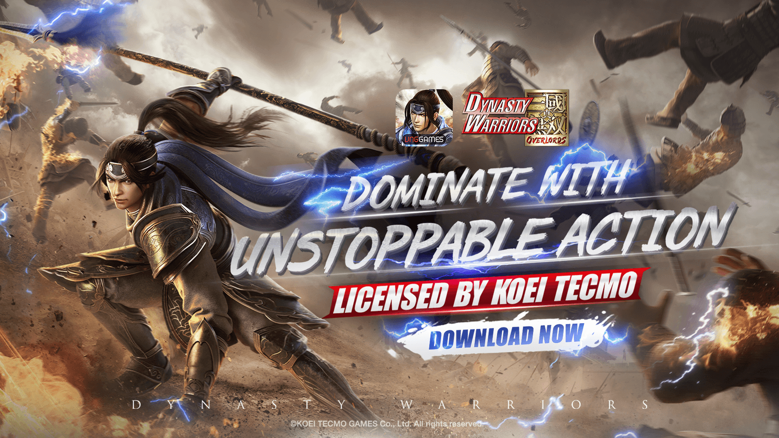Banner de recrutamento SSR por tempo limitado de Dynasty Warriors Overlords destacando Lu Bu e Guan Yu