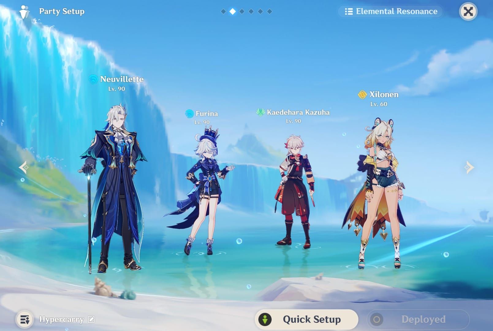 Composition d'équipe hypercarry de Genshin Impact avec Neuvillette, Furina, Kazuha et Xilonen