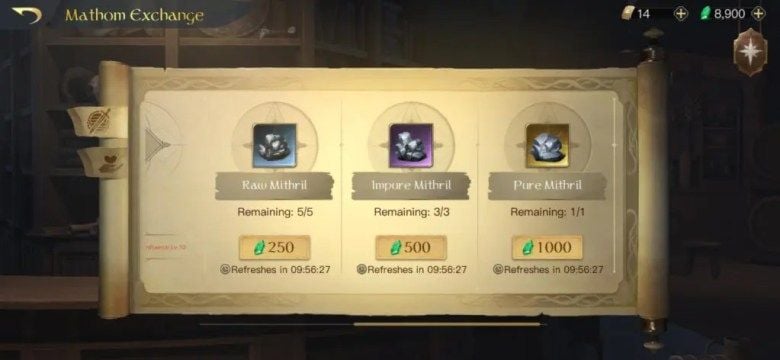 LOTR Rise to War Mathom Exchange inventory menu