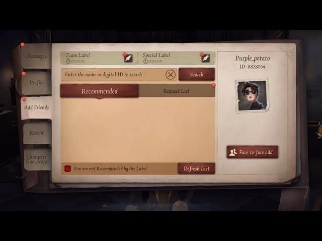 Step-by-step visual guide showing how to add friends in Identity V with numbered interface elements