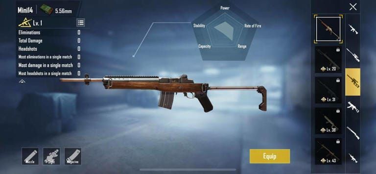 Tela de estatísticas da arma Mini-14 do PUBG Mobile mostrando valores de dano e precisão