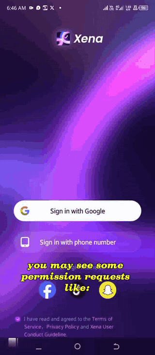 Gravação de tela animada da tela de login do Xena oferecendo opções de login com Google, número de telefone, Facebook, TikTok e Snapchat