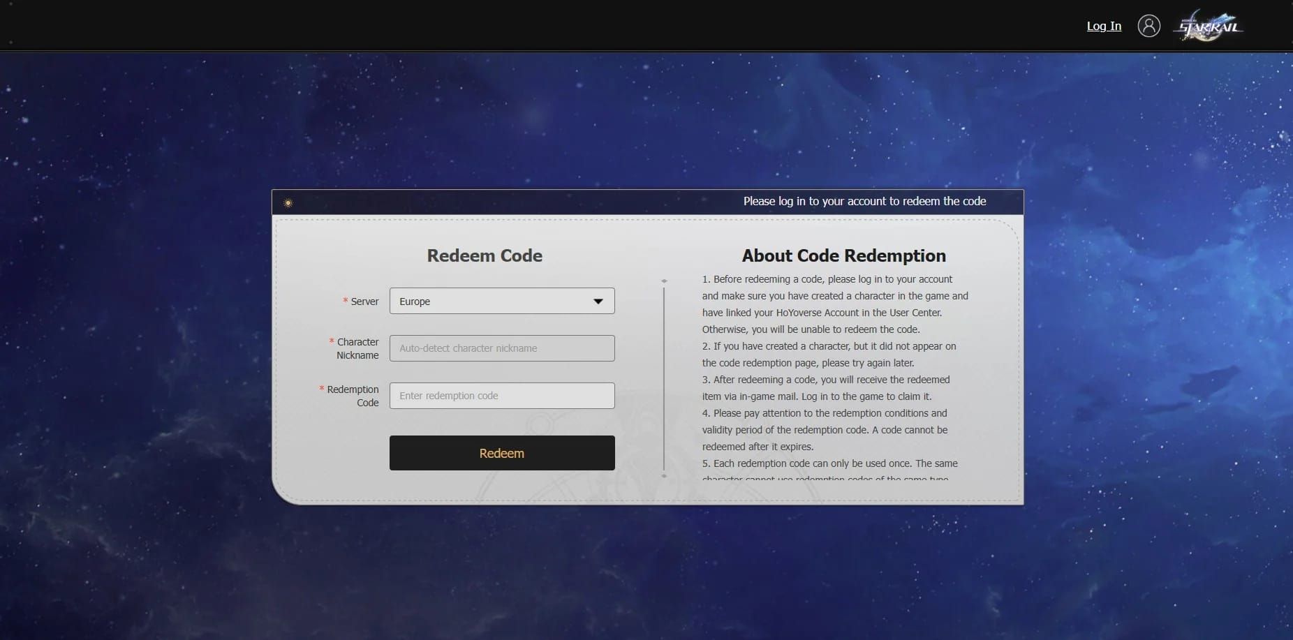Rozhraní oficiálních webových stránek pro uplatnění kódů Honkai: Star Rail