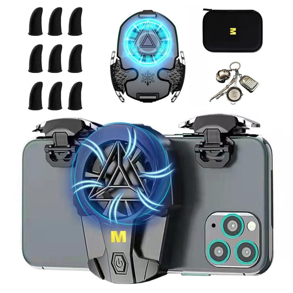 Gaming phone with external cooling fan playing PUBG Mobile for thermal management