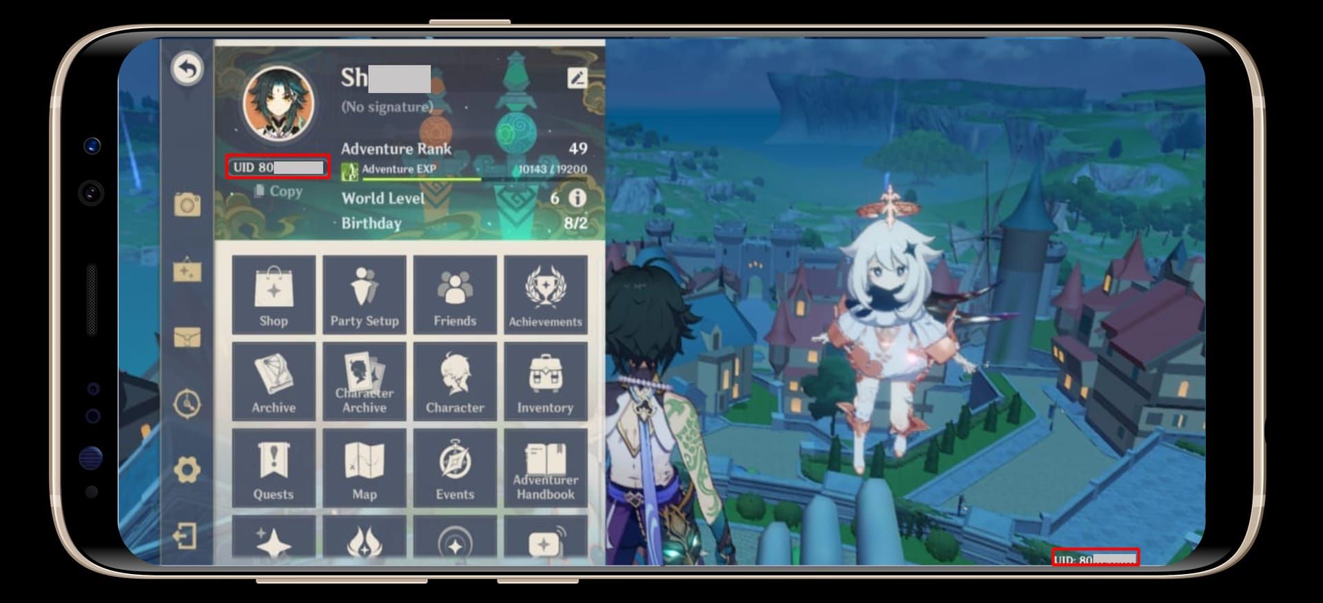 Интерфейс профиля игрока Genshin Impact с указанием расположения 9-значного UID