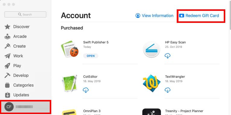 Menu konta w aplikacji iTunes na Windowsie z opcją realizacji kodu