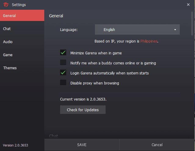 Garena account registration settings displaying regional market