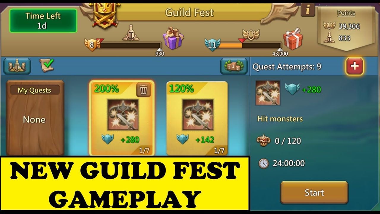 Quadro de missões do Festival da Guilda do Lords Mobile mostrando tarefas de alta pontuação