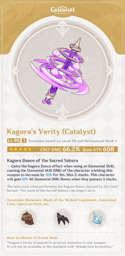Senjata katalis Kagura's Verity menampilkan statistik dan kemampuan pasif untuk Yae Miko