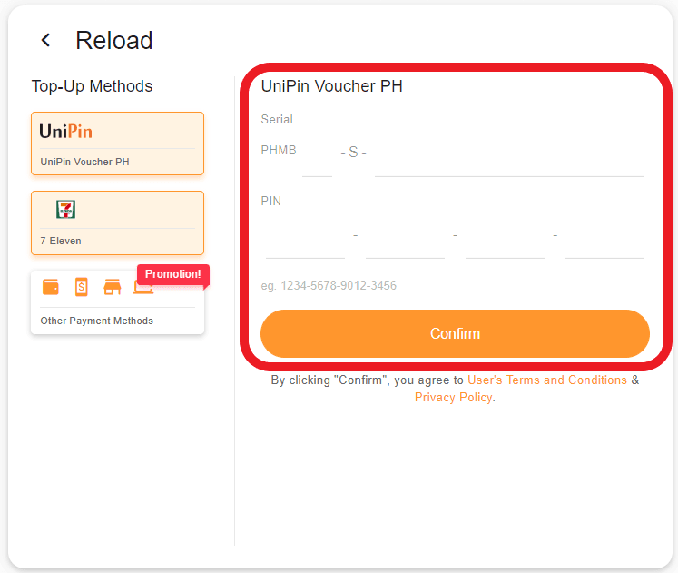 UniPin voucher serial and PIN entry fields on redemption portal