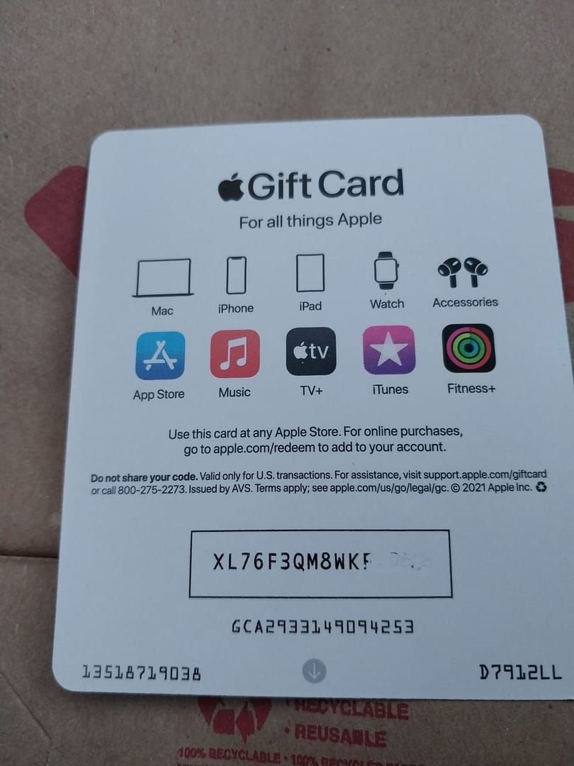Physical Apple Gift Card displaying 16-digit redemption code