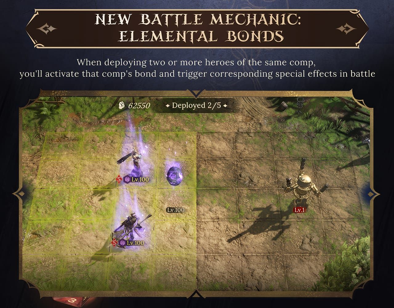 Dragonheir: Silent Gods combat screenshot demonstrating Elemental Bonds system with heroes triggering composition bonuses