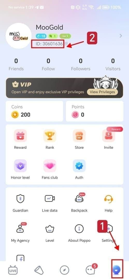Antarmuka aplikasi Poppo Live yang menampilkan dompet dan saldo Poppo Coins
