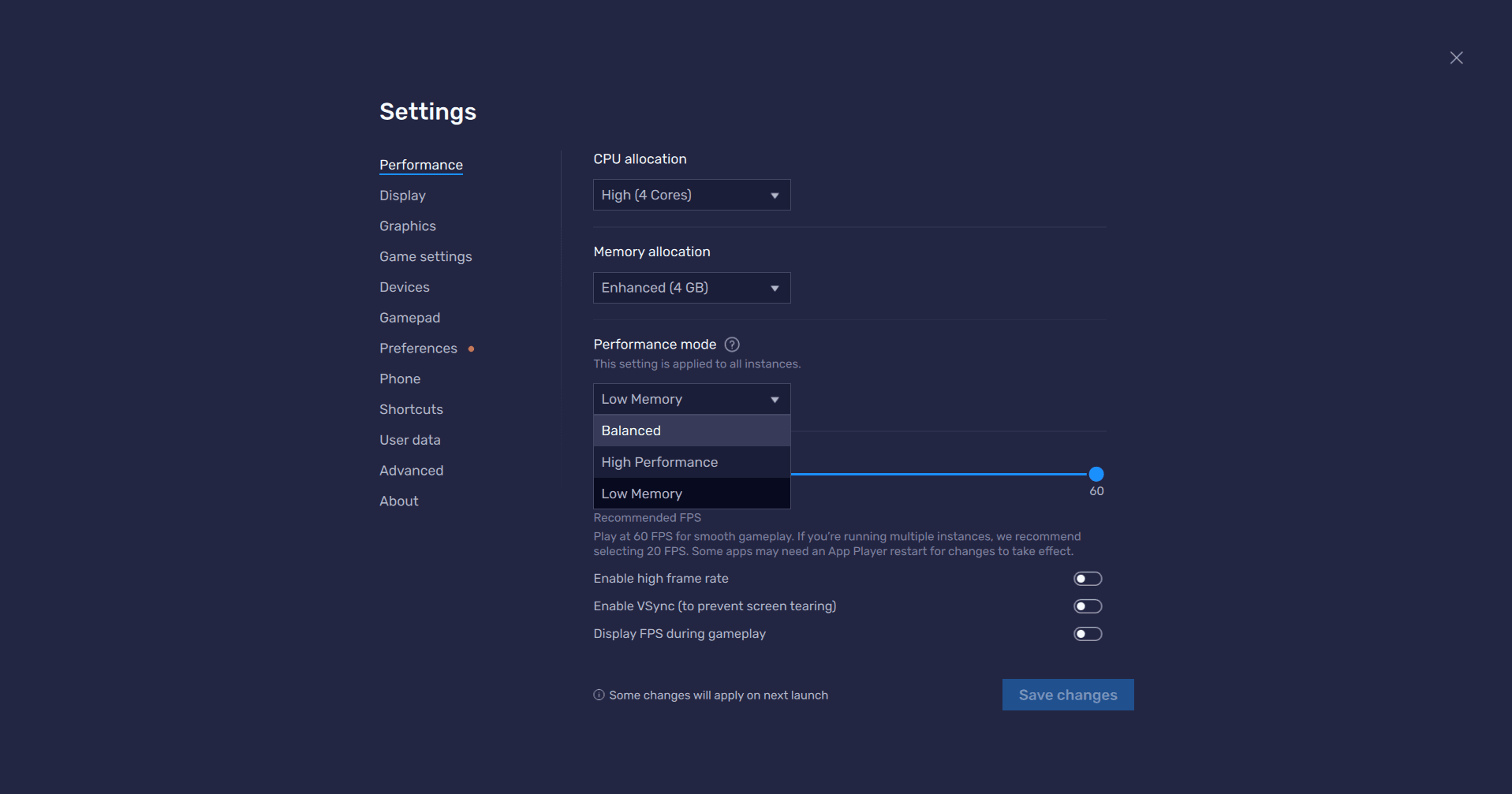 BlueStacks settings interface showing CPU core and RAM allocation for Black Clover M