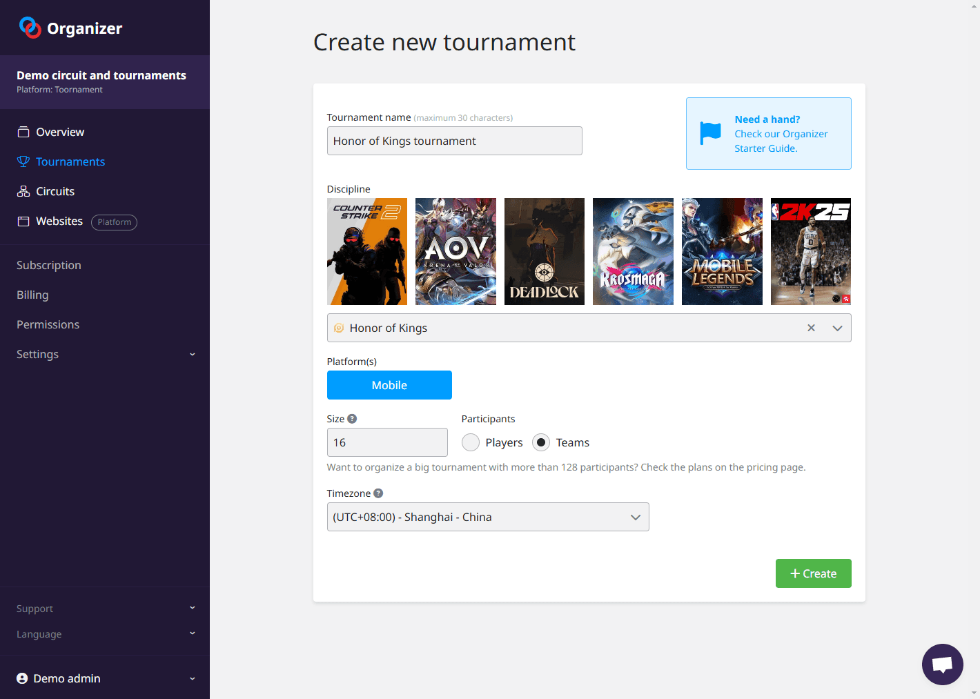 Honor of Kings tournament registration process guide showing seven steps from setup to launch