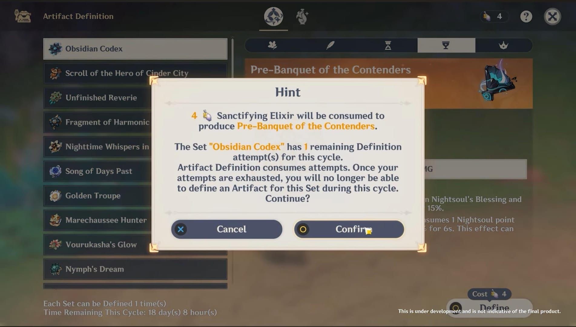 Genshin Impact Artifact Definition System interface displaying Sanctifying Elixir costs and artifact creation options