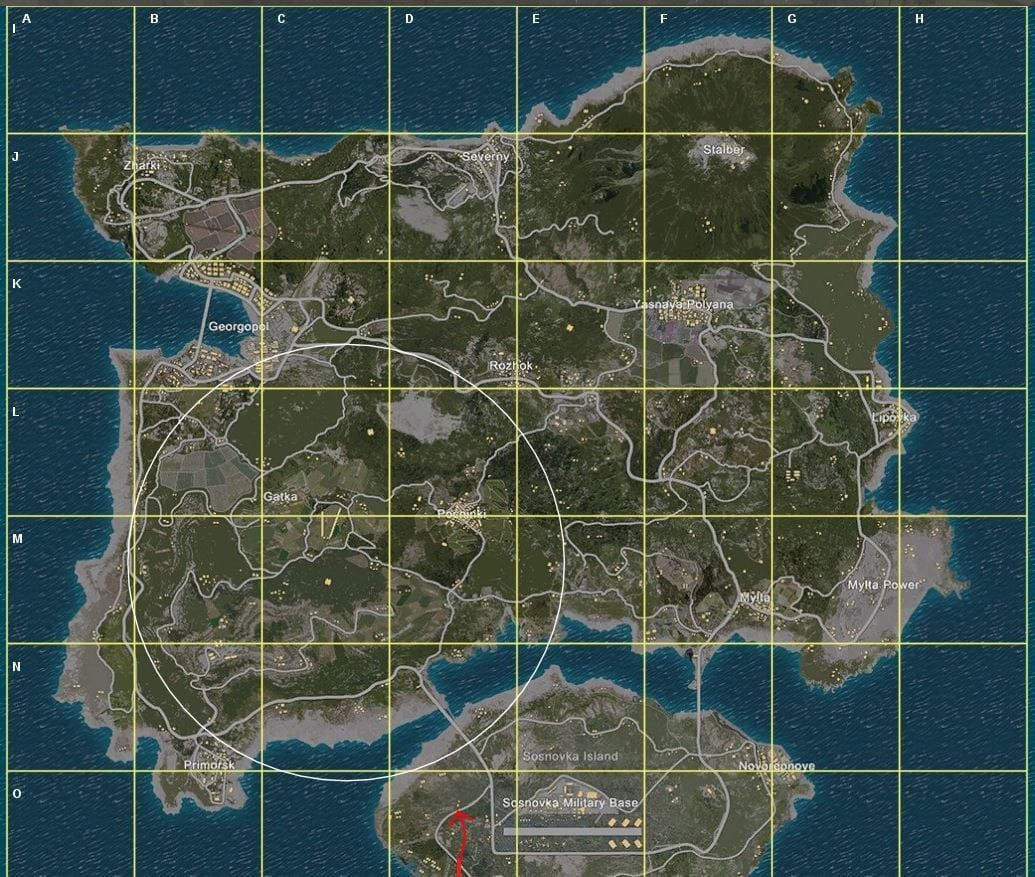 PUBG Mobile map showing grid system for distance measurement