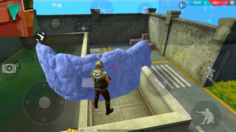 Rankingowa walka w Free Fire: gracz za ścianą Gloo z widocznym pełnym HUD-em bojowym