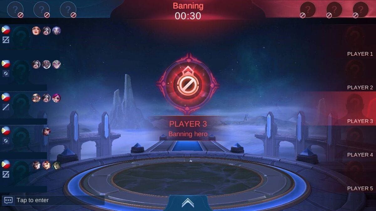 Mobile Legends Bang Bang draft and ban phase interface showing hero selection screen