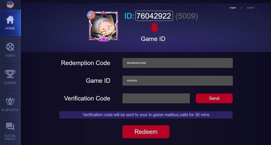 Interfaccia del sito web ufficiale di riscatto codici di Mobile Legends Bang Bang
