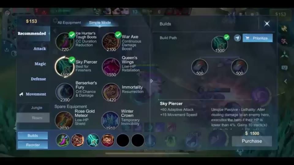 Build de tienda recomendada para Alpha: War Axe, Sky Piercer, Alas de la Reina