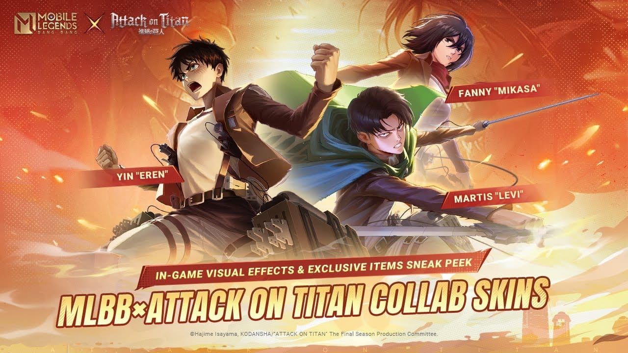 Mobile Legends Attack on Titan collaboration skins featuring Yin as Eren, Martis as Levi, and Fanny as Mikasa