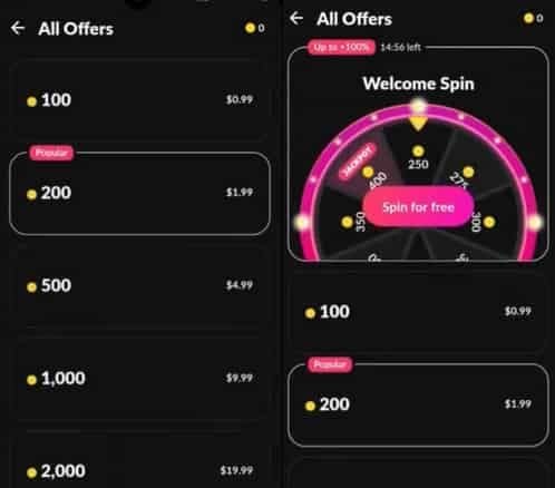 Layar dompet aplikasi Tango dengan opsi pembelian paket Koin