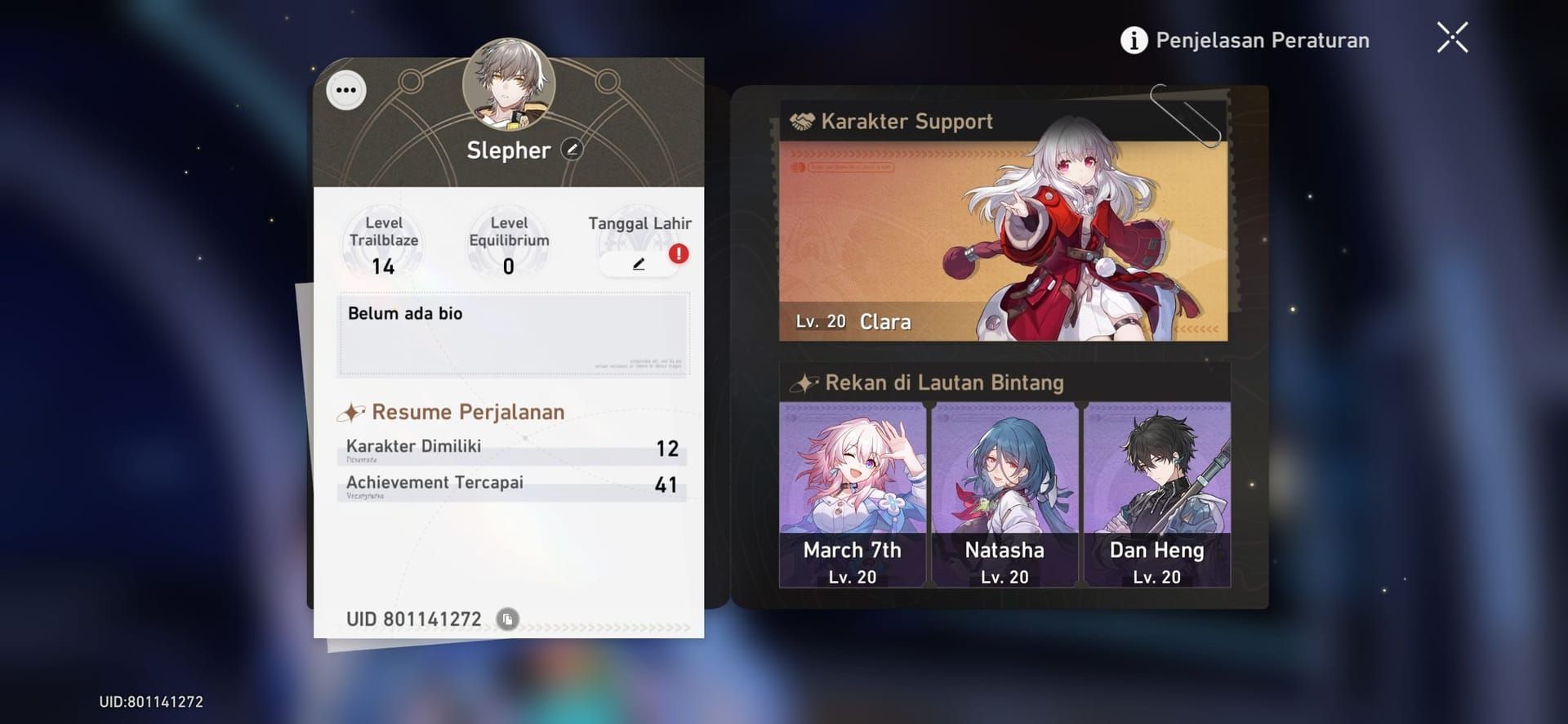Honkai Star Rail game interface highlighting UID location for verification