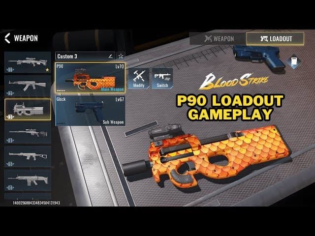 Snímek obrazovky optimální sestavy doplňků pro P90 Burst Bolt v Blood Strike