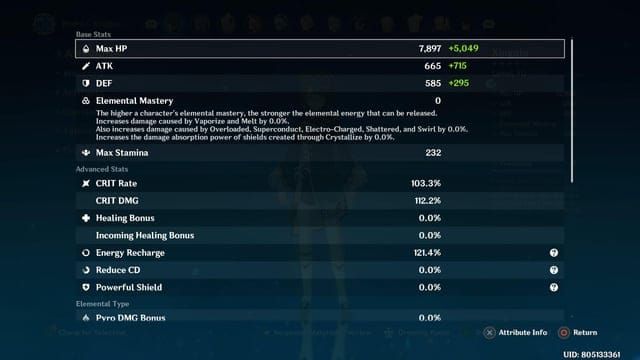 Tangkapan layar antarmuka karakter Xingqiu di Genshin Impact menunjukkan statistik ER dan contoh build