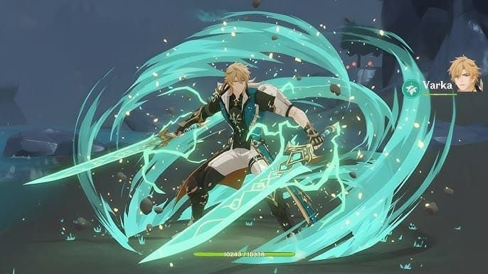 Screenshot panduan gameplay Genshin Impact Varka Elemental Skill Windbound Execution dan Burst Northwind Avatar