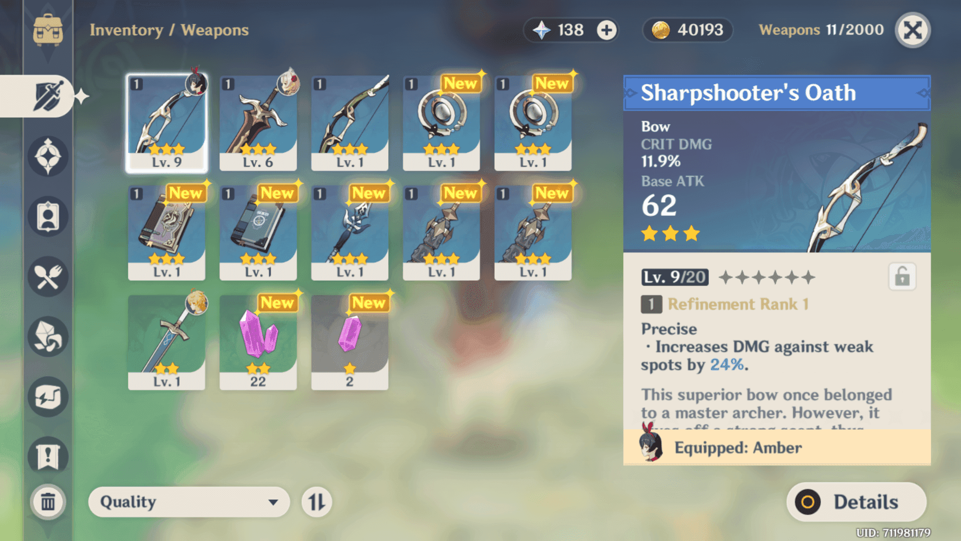 Genshin Impact हथियार आँकड़े स्क्रीन ATK, क्रिट, और सब-स्टेट्स दिखा रही है