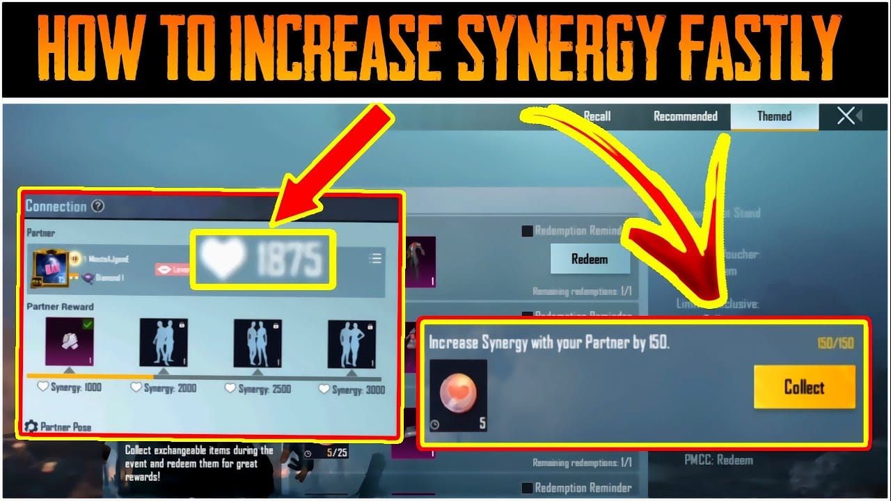 Capture d'écran du système de synergie de PUBG Mobile montrant les points et les niveaux de synergie entre amis