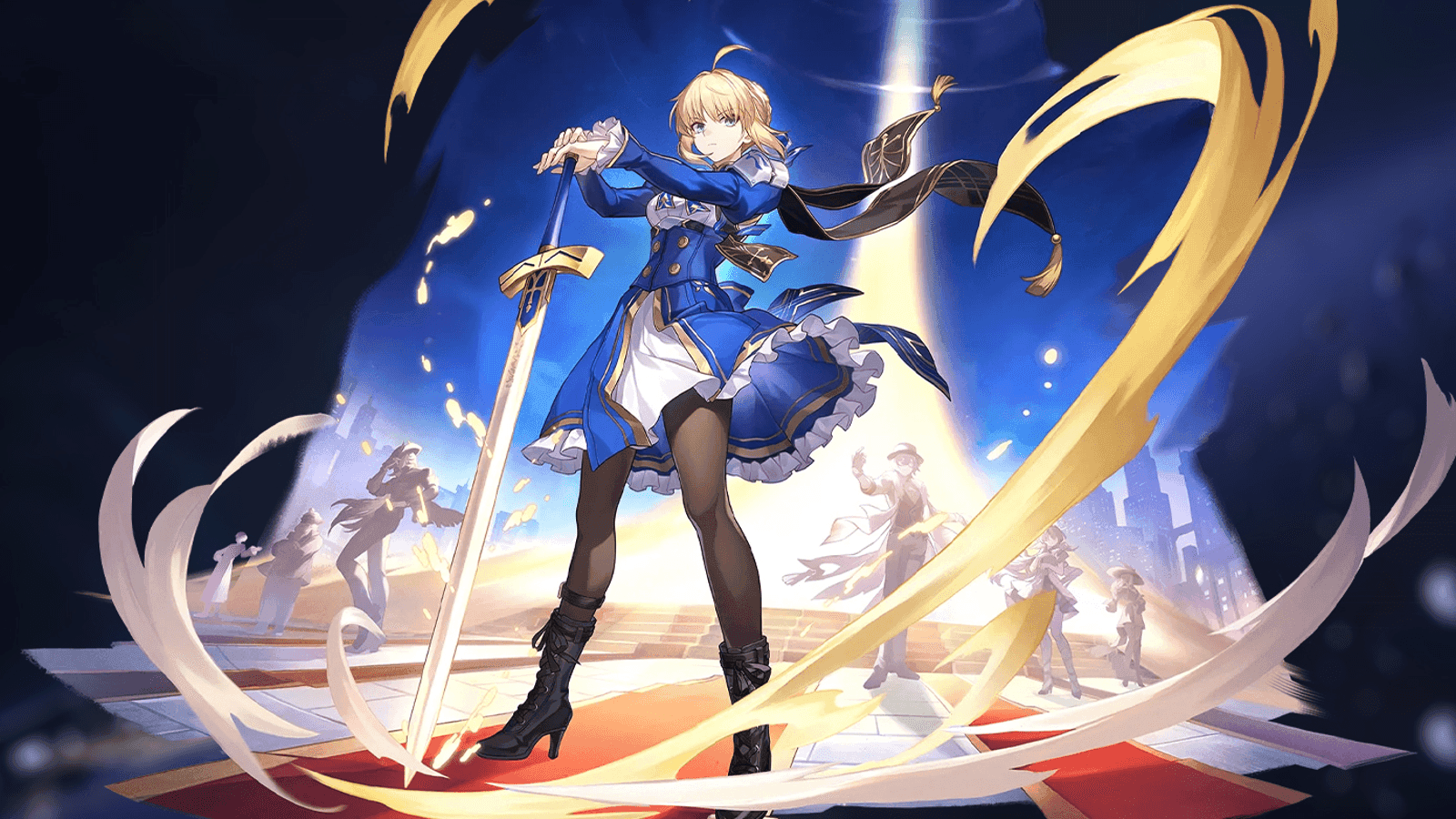 Saber executing his Ultimate ability with multiple damage instances and AoE effects