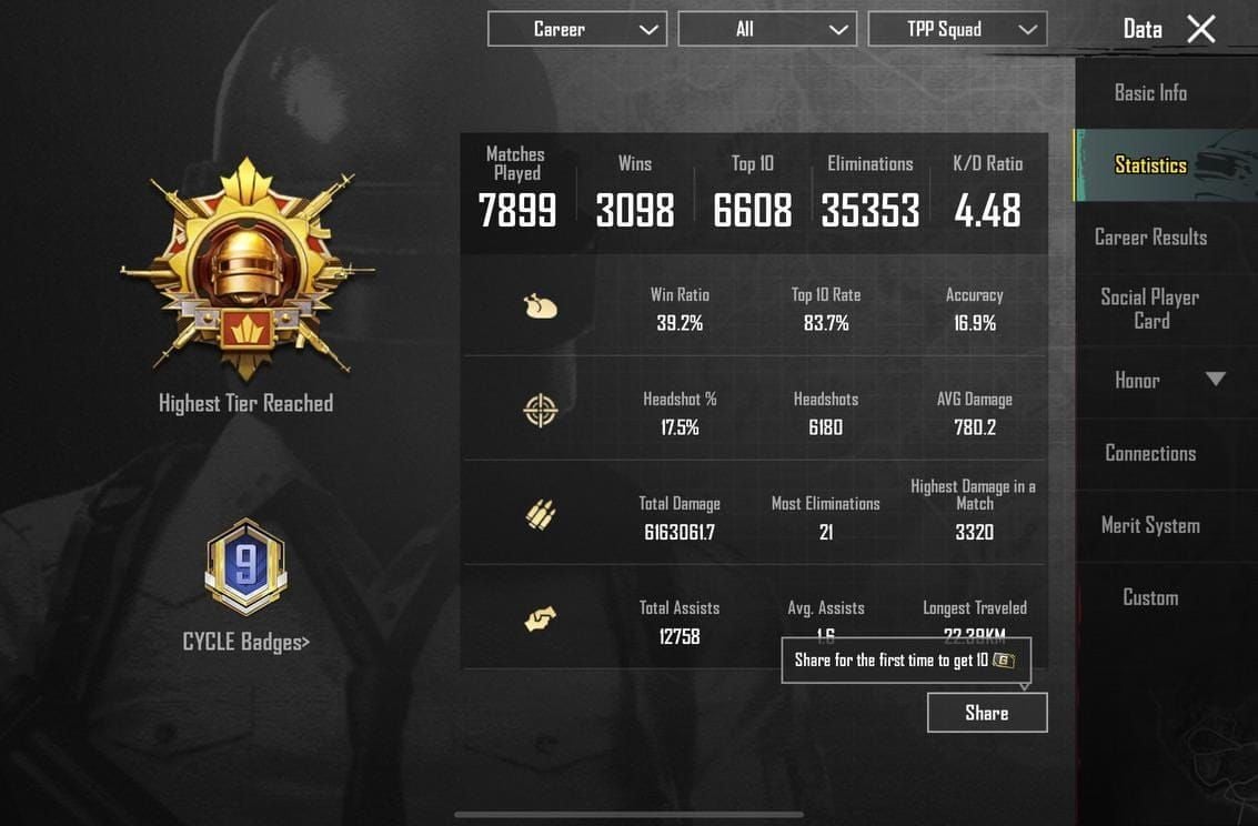 PUBG Mobile progress tracking interface showing WOW Pass statistics and performance metrics